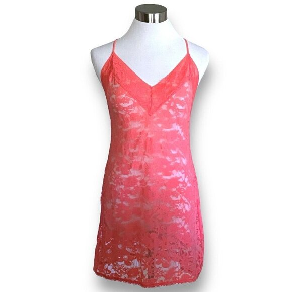 Victorias Secret Womens Chemise Sz M Coral Pink Sheer Stretch Lace Nightie Gown - Picture 1 of 7